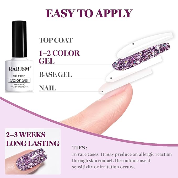 RARJSM Dark Purple Reflective Glitter Gel Nail Polish Holographic Rainbow Iridescent Sparkle Flash Diamond Shimmer LED UV Soak Off Gelpolish Nail Art Manicure Salon DIY at Home 1pcs 7.5ml