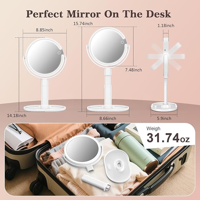 15X/1X Lighted Magnifying Mirror, 4000mAh Rechargeable Makeup Mirror with 3 Level LED Light, 360° Rotation 2 Sided Vanity Desk Mirror, Dimmable Adjustable Height Table Makeup Mirror Phone Stand