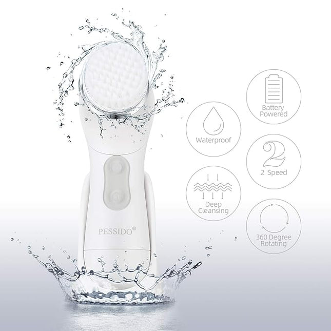 Facial Cleansing Brush, Waterproof Spin Face Brush Set with Holder and 6 Brush Heads, Gentle Exfoliating, Deep Cleansing, Massaging and Removing Blackhead for Women and Men (White)