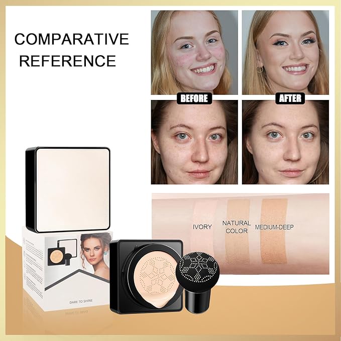 Air Cushion CC Cream - Long-Lasting Brightening Mushroom Head BB Cream Foundation for Face Makeup, Moisturizing Full Coverage Self Adjusting Concealer for Even Skin Tone (Medium Deep, 1 PCS)