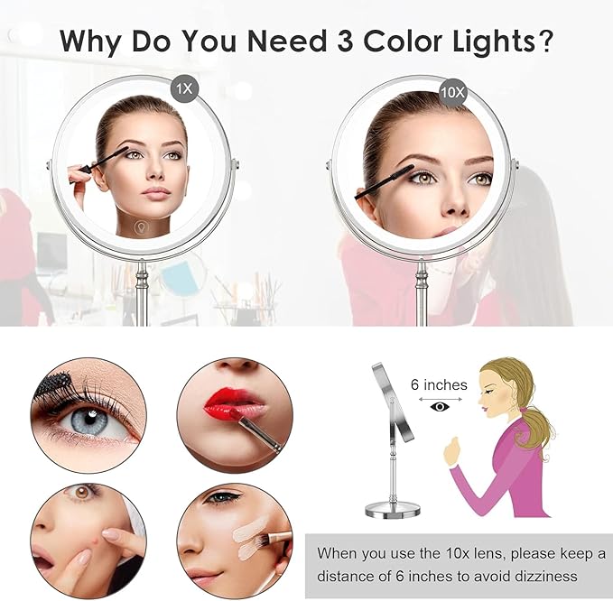 Lighted Makeup Mirror, 3000 mAh Rechargeable Double Sided Magnifying Vanity Mirror with 3 Colors, 1x/10x, 360° Rotation , Brightness Adjustable Magnification Cosmetic Light up Mirror, Women Gift