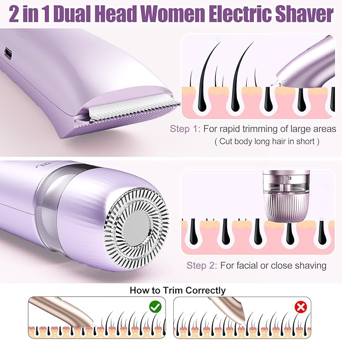 Bikini Trimmer for Women 2 in 1, Dual Head Womens Electric Shaver, Electric Razors for Pubic Hair, IPX7 Waterproof Rechargeable Facial Hair Removal for Shaving Underarm Leg Arm Body Face, Purple