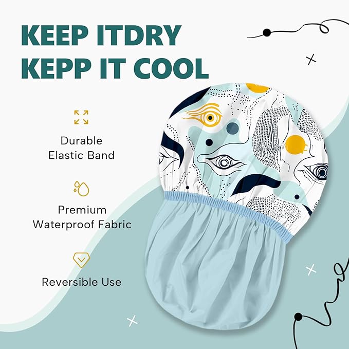 Years Calm Evil Eye Shower Caps for Women Reusable Waterproof, Pattern and Solid Color Dual-Layer Design, Hair Cap for Shower with Elastic Band, Fits Braids, Dreadlocks & Long Hair (Blue)