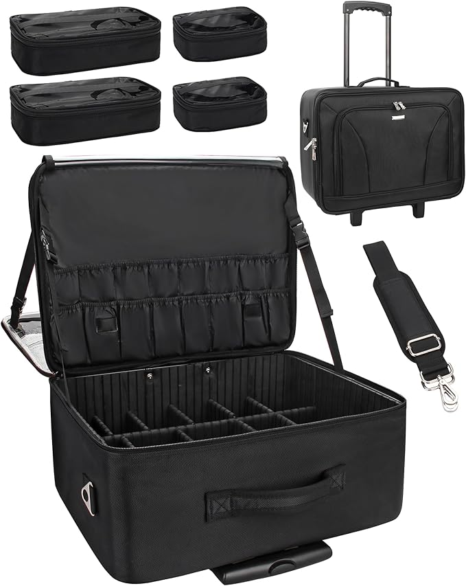 MONSTINA Rolling Makeup Train Case,Trolley Cosmetic Case,3-Layer Cosmetic Organizer,Extra Large Makeup Travel Bag for Hairstylist, Trolley Travel Hairdressing Case with Adjustable Divider(Black)