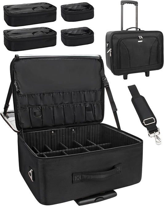 MONSTINA Rolling Makeup Train Case,Trolley Cosmetic Case,3-Layer Cosmetic Organizer,Extra Large Makeup Travel Bag for Hairstylist, Trolley Travel Hairdressing Case with Adjustable Divider(Black)