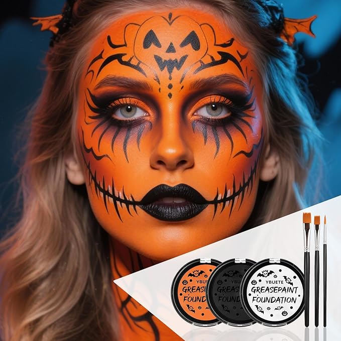 Orange Black White Oil Based Face Paint Kit with Painting Brushes, Professional Full Coverage Greasepaint for Adults Halloween Cosplay SFX Tiger Pumpkin Makeup Carnival Theater Stage