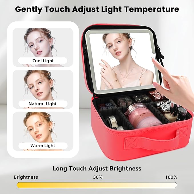 Travel Makeup Bag with LED Mirror and Light Makeup Travel Bag Organizer Portable Cosmetic Brush Organizer Bag with Adjustable Dividers for Cosmetics Makeup Brushes Toiletry (Light Red)