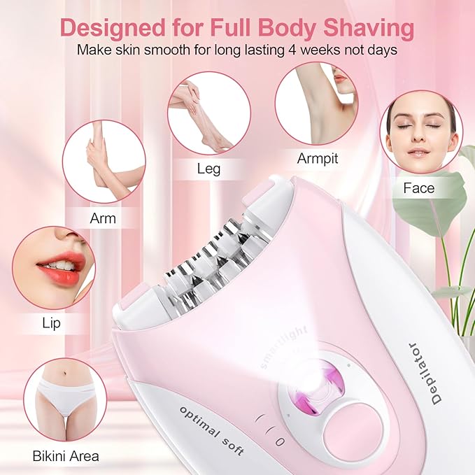 Smooth Glide Epilator for Women, Epilators Hair Removal for Face, Epilators with LED Light, 2 Speed Hair Removal Device, Pluxy Facial Hair Removal for Armpit, Arm, Leg, Bikini, Face, Body