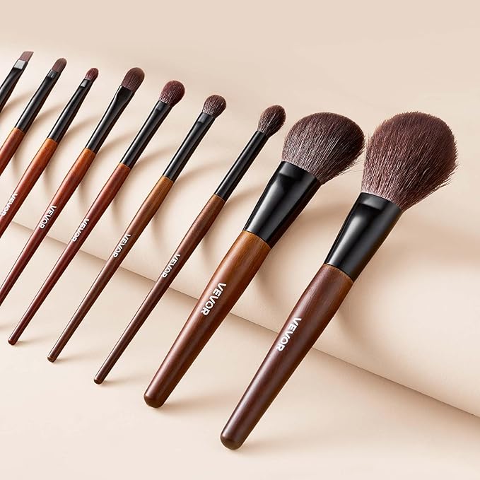 VEVOR 9-Piece Makeup Brush Set for Foundation Blending Eyeshadow, Professional Makeup Brush Kit with Soft Natural Wool & Vegan Synthetic Bristles, Ergonomic Wood Handle, Travel-Friendly Storage Bag