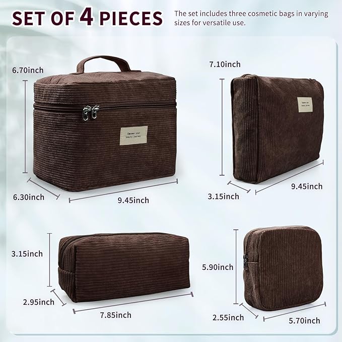 4 Pcs Makeup Bag for Women Corduroy Cosmetic Bag Aesthetic Cute Bags Multi Size Purse Pouch Travel Toiletry Bag Set Makeup Organizer with Zipper(Brown)