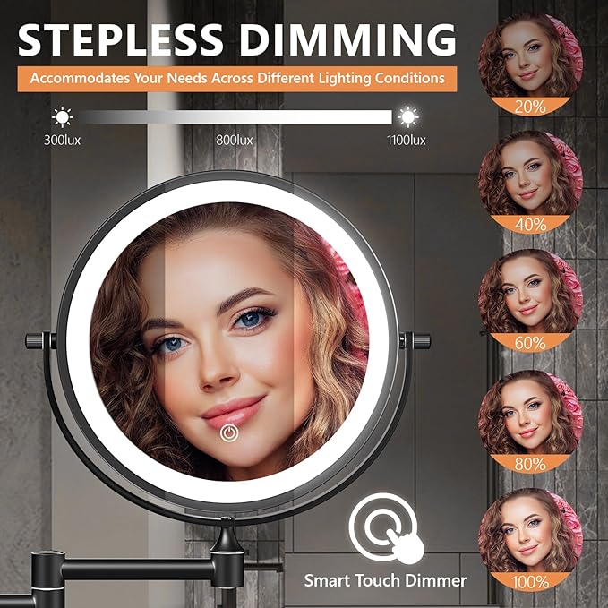 1X/30X Wall Mounted Makeup Mirror with Light, 8" Rechargeable Double-Sided Magnifying Mirror, Vanity Mirror Dimmable 3 Color Light, 360° Extension Rotation Foldable 14.5 Inch Arm, Black