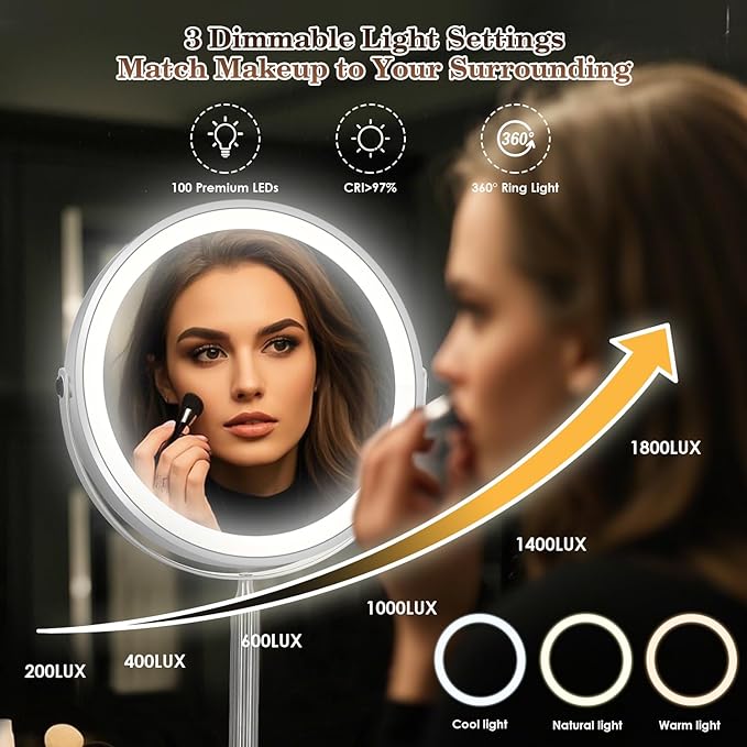 VESAUR 15X Magnifying Mirror with Light, 9.5 Large 5000mAh Rechargeable Double Sided HD Lighted Makeup Mirror with 3 Touch Dimmable Light, 360° Swivel Detachable for Travel Vanity Mirror Nickel, Gifts