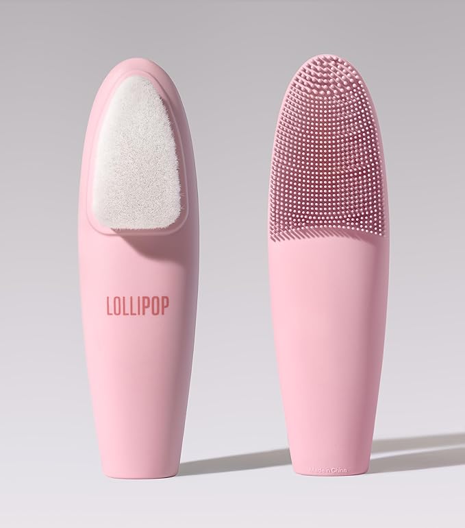 LOLLIPOP Dual-Sided Facial Cleansing Brush | Handle Size Silicone Face Exfoliator and Soft Fiber Cleanser | Manual Face Scrubber for Pores, Makeup Removal, Blackhead and Skincare Routine, Bubblegum