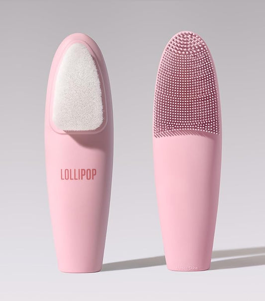 LOLLIPOP Dual-Sided Facial Cleansing Brush | Handle Size Silicone Face Exfoliator and Soft Fiber Cleanser | Manual Face Scrubber for Pores, Makeup Removal, Blackhead and Skincare Routine, Bubblegum