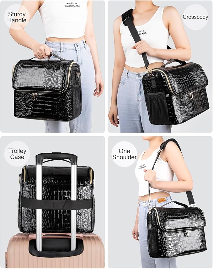 Travel Makeup Case with 4 Small Bag, Professional Makeup Artist Bag Tattoo Case Makeup Organizer Box with Adjustable Dividers and Shoulder Strap (Medium, Black)