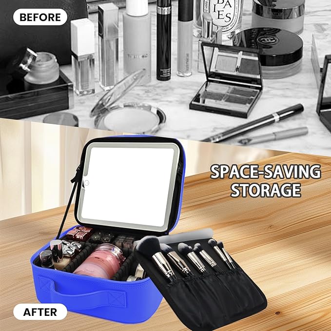 Travel Makeup Bag with LED Mirror and Light Makeup Travel Bag Organizer Portable Cosmetic Brush Organizer Bag with Adjustable Dividers for Cosmetics Makeup Brushes Toiletry (Dark Blue)