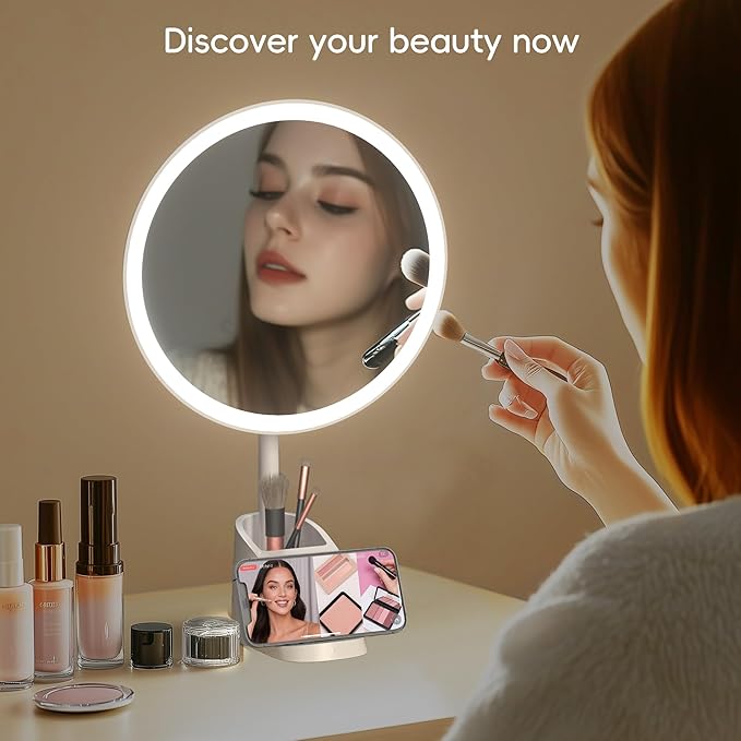 Yls Rechargeable Lighted Makeup Mirror with 1x/10x Detachable Magnification, Vanity Mirror with 3 Color Adjustable Lighting,Qi-Enabled Charging,and 360 °Rotating Design