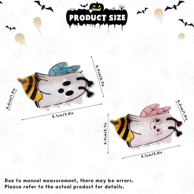 2 Pcs Halloween Hair Clips for Women, Cute Funny Ghost Bee Hair Claw Clips with Blue Pink Wings Design Halloween Hair Accessories Large Claw Clips Non-Slip Hair Claw for Thick and Thin Hair