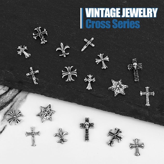Artdone Nail Art Studs Kit, 3D Silver Cross Nail Charms and Star Gems Bulk Nail Jewels Shiny Crosses for DIY Professional Manicures Decoration