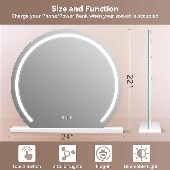 Hasipu Vanity Mirror with Lights, 24" x 22" LED Makeup Mirror, Lighted Makeup Mirror with Lights, Smart Touch Control 3 Colors Dimmable Mirror White