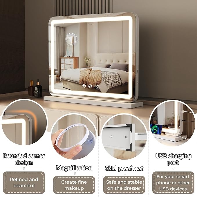 ZL ZELing Vanity Mirror with Lights, 23 Inch Large Makeup Mirror with LED Lights, Smart Touch Dimmable 3-Color Light, Memory Function, USB Charging Port, and Magnifying Glass