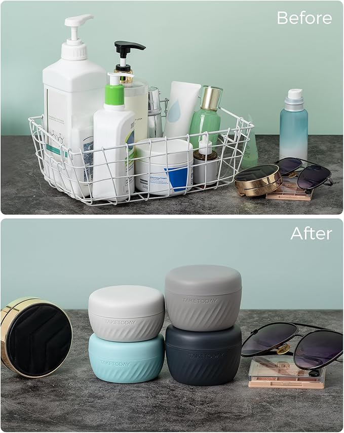 TakeToday Travel Containers for Toiletries, Leak-proof, TSA Approved, Refillable Silicone Cream Jars with Lid Travel Size Essential for Cosmetic toiletry Cream, 3oz, 4 Pack (Grey)