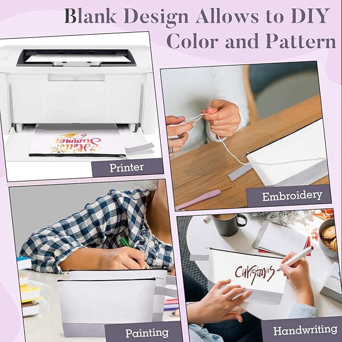 10 Pieces Cotton Canvas Makeup Bag with Bottom and Strap, Multi-Purpose Cosmetic Bag with Zipper Travel Toiletry Pouch, Blank DIY Craft Bag (White&Grey, S)