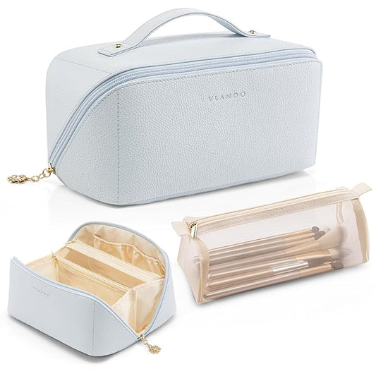 Vlando Makeup Bag,Large Capacity Toiletry Bag for Women Waterproof Portable Make up Pouch PU Leather Open Flat Cosmetic Bag(Baby Blue)