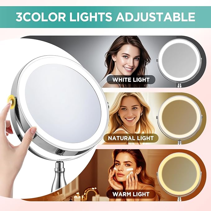 Makeup Mirror with Lights, 20X Magnifying Mirror with Light and STC- Side Charging & Side Touch Switch, Vanity Mirror with 3 Color Light and 2-Side 360° Rotation Double Sided Standing Desk Mirror
