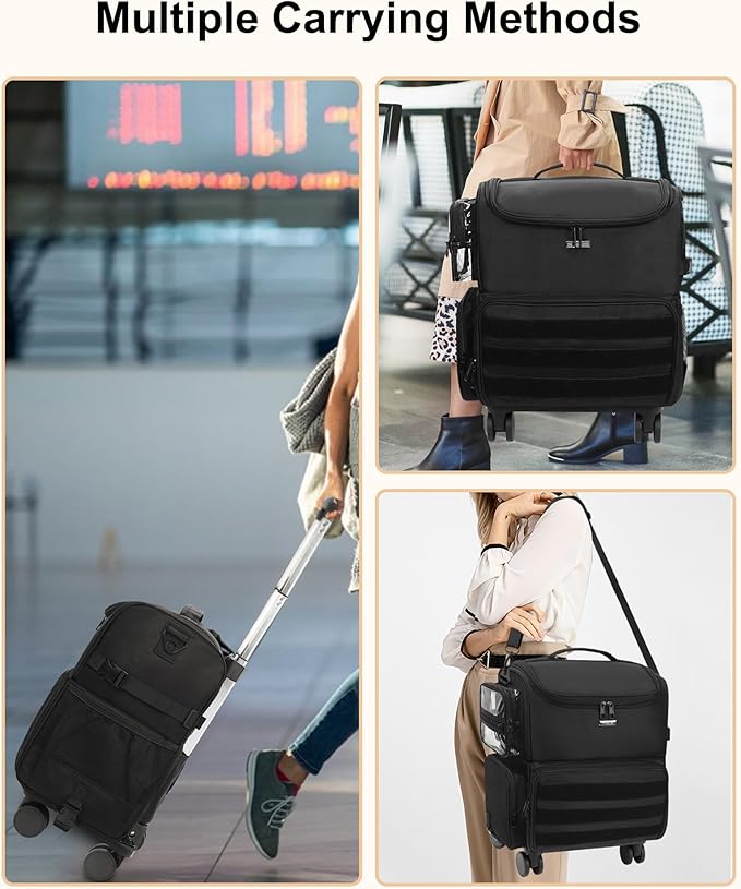 Relavel Rolling Makeup Train Case, Cosmetology Case on Wheels with 4 Clear Bags, Professional Makeup Artist Set Bags Cosmetic Storage Organizer with Adjustable Dividers, 360° Spinner Wheels, Black