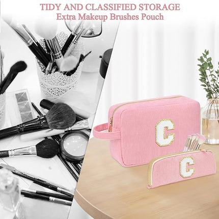 Personalized Initial Makeup Bag Trendy Stuff Corduroy Cosmetic Bag Travel Toiletry Bag, Valentine’s Day Gift Makeup Organizer Case & Makeup Pouch for Women teen Girls Mom Girlfriend Wife