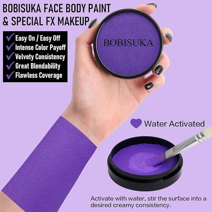 BOBISUKA Purple Face Body Paint, Water-Based Face Painting Kit & Body Paints, Kids Adults Facepaint for Halloween Ursula Widowmaker Dabi Maleficient Makeup, Costume Cosplay Party Theater & Stage