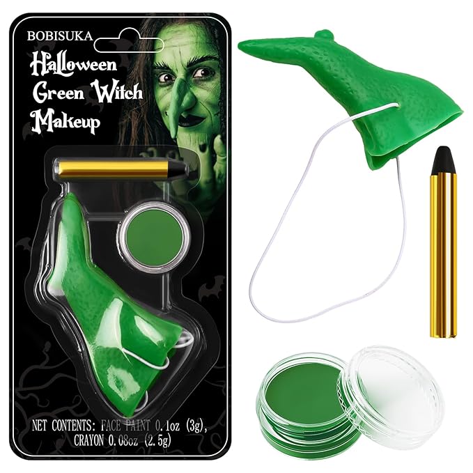 Green Face Paint with Fake Nose Witch Makeup Kit Halloween Character Set for Kids Adults, Safe Non-Toxic Cream Face Painting Kit for Stage, Costume Party, Dress Up Cosplay & Special FX Make-Up