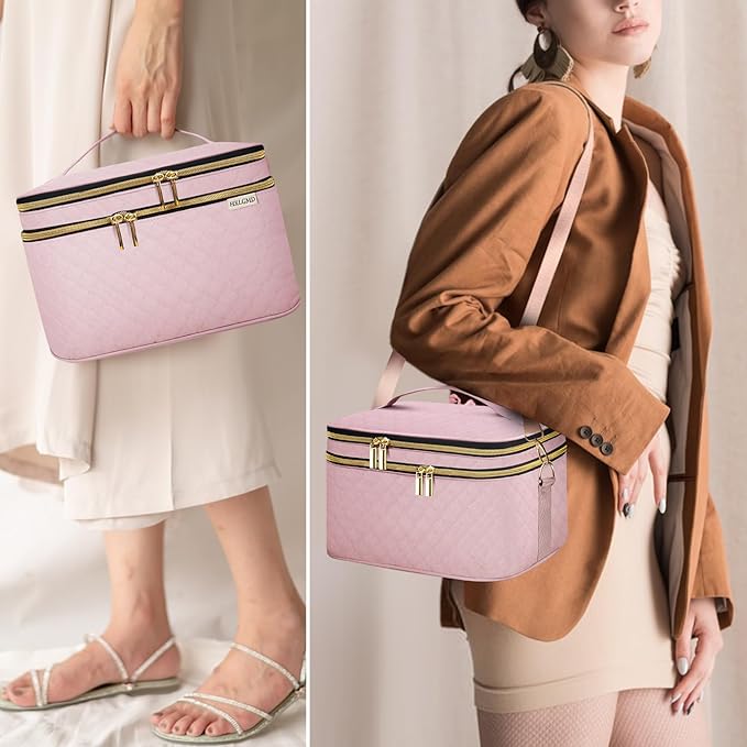 Double Layer Travel Makeup Bag Women, Cosmetic Organizer Case, Travel Essentials Accessories with Shoulder Strap for Bottles, Brushes, Conditioner, Skin Care Products, Pink