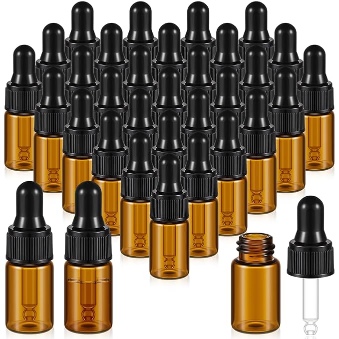 200 Pcs Mini Glass Oil Dropper Bottle Bulk, Clear Essential Small Empty Bottles Sample Containers Perfume Liquid Vials with Cap for Traveling (3 ml,Amber)