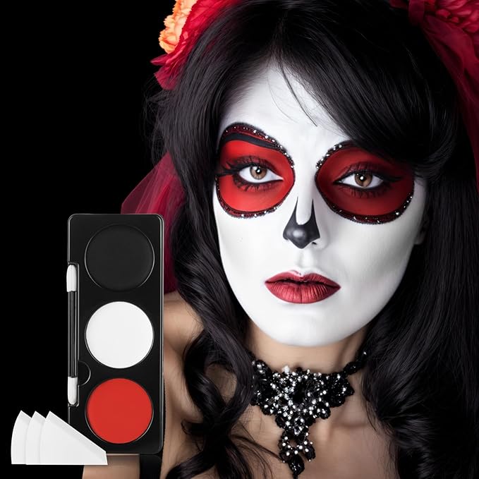 Black White Red Face Paint + 3PC Sponge + Brush,3 Colors Body Paint Halloween SFX Makeup Kit for Devil Goths Joker Clown Vampire Skeleton,Eye Black for Baseball/Softball/Football,21g