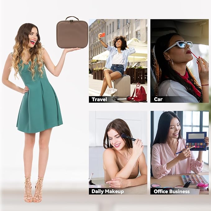 Travel Makeup Bag with LED Mirror and 10x magnifying glass with 3 Lighted Settings, Adjustable Dividers and Makeup Brush Storage Bag Mocha