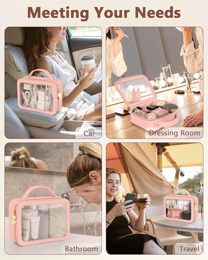 Clear Makeup Bag, Portable Travel Cosmetic Bags, Multipurpose Leather Toiletry Bag with Zipper, Waterproof Transparent Cosmetic Organizer for Women, Medium, Pink