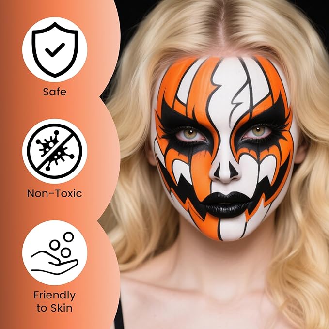 Orange Black White Oil Based Face Paint Kit with Painting Brushes, Professional Full Coverage Greasepaint for Adults Halloween Cosplay SFX Tiger Pumpkin Makeup Carnival Theater Stage