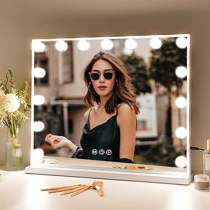 Fenair Vanity Mirror with Lights 22.8"x 18.1" Makeup Mirror with Lights and 15 Dimmable Bulbs,3 Colors Modes,Hollywood Mirror with USB Charging Port and 10X Detachable Magnification Mirror