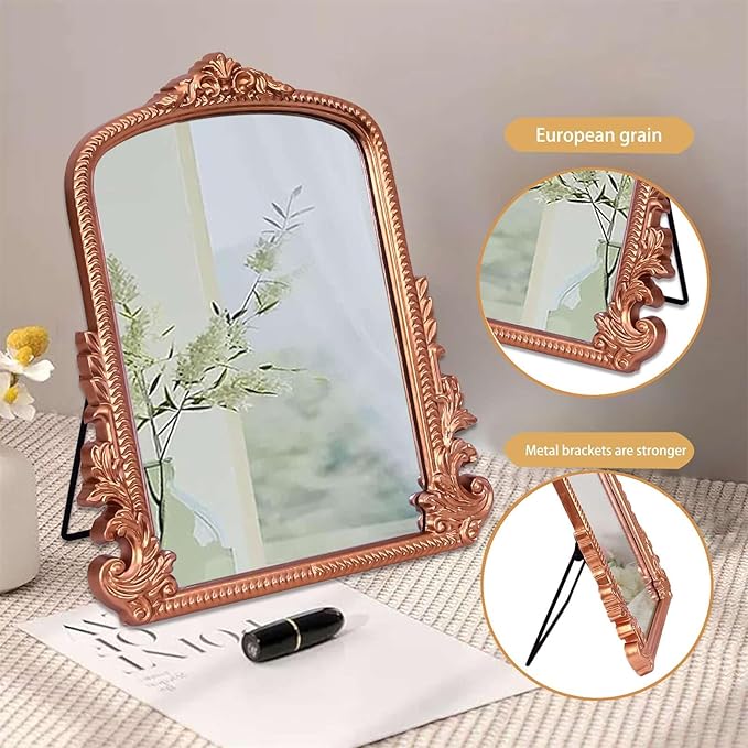 Rose Gold Makeup Mirror, Small Standing Vanity Desk Mirror Decorative Ornate Arched Desk Mirror with Carved Wood Frame, for Bedrooms,Living Rooms Table Top and Salon 11.8" x 9.6"