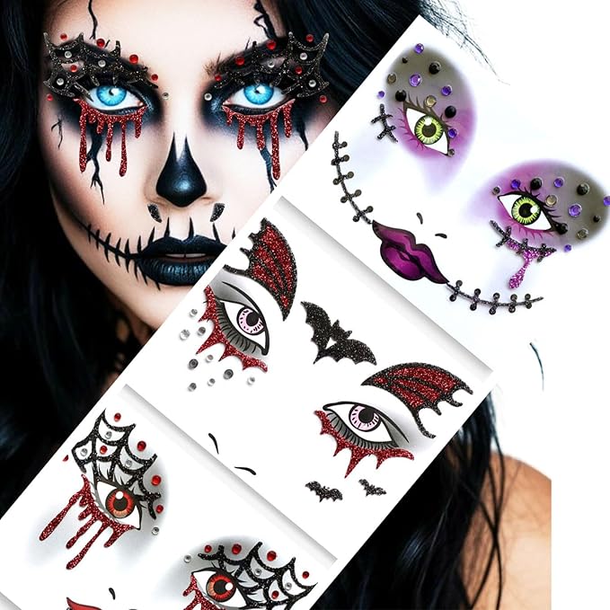 3 Pcs Halloween Face Stickers for Women, Bats and Spider Webs Face Gems Jewels,Day of the Dead Rhinestone Face Jewels Glitter Face Tattoo Stickers for Halloween Rave Party Cosplay
