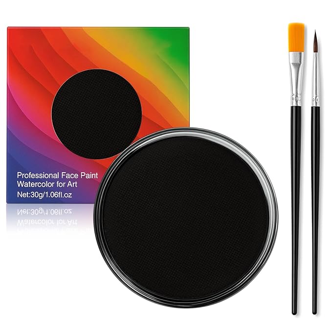 Black Face Body Paint Kit for Kids & Adults, Non-Toxic Water-Based Professional Face Painting Palette with Brushes for Halloween Clown Goth Vampire SFX Makeup, Art Stage Cosplay Parties