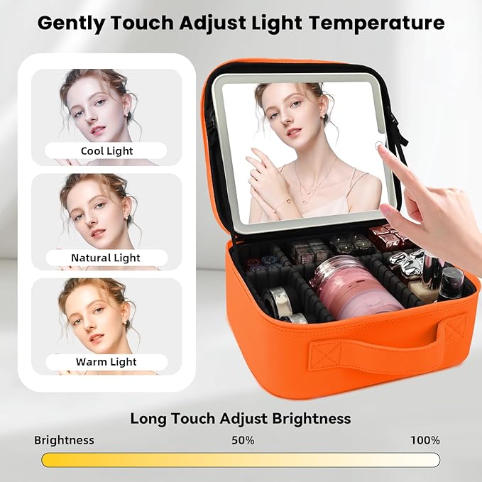 Travel Makeup Bag with LED Mirror and Light Travel Makeup Case Cosmetic Organizer Portable Cosmetic Brush Organizer Bag with Adjustable Dividers for Cosmetics Makeup Brushes Toiletry (Orange)