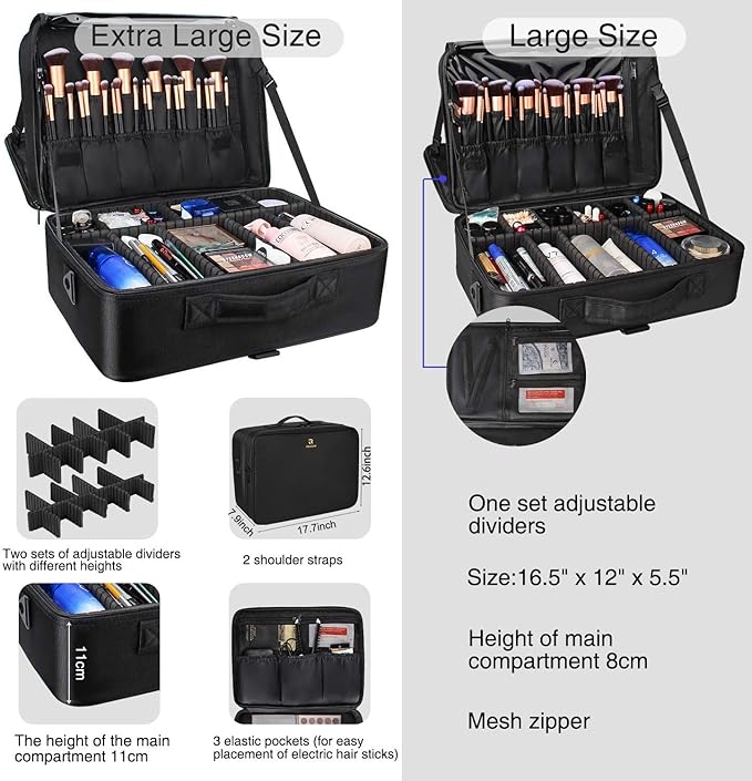 Relavel Extra Large Makeup Case and Makeup Brush Holder Bag, Professional Makeup Organizer, Large Capacity with Adjustable Dividers and Shoulder Strap (Black)