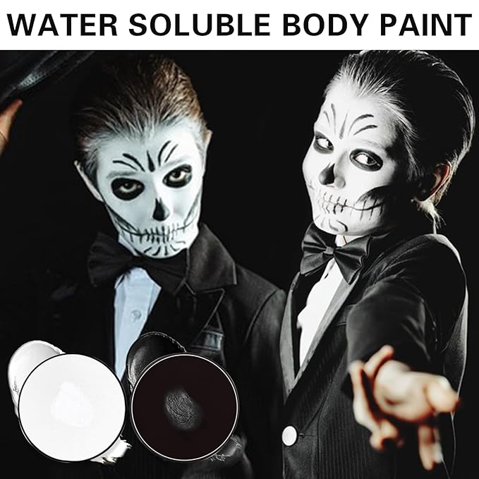 Black White Face Body Paint Professional Water Based Activated Body Face Paint Washable Halloween Makeup Palette Kit for Halloween Skeleton Vampire Zombie Goth SFX Special Effects Makeup