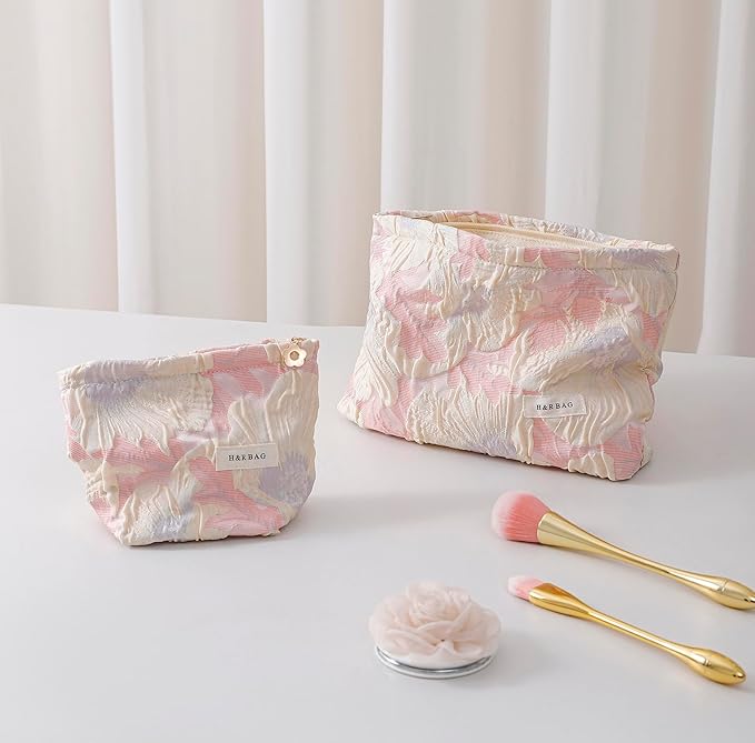 2 Pcs Makeup Bags, Large Cosmetic Bag Travel Toiletry Bag Organizer for Women, Embroidery Craft, Floral Makeup Bag Small Cosmetic Pouch Purse with Zipper Gifts for Girls Teen