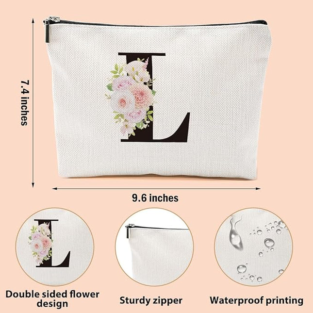 Personalized Makeup Bag, Initial Letter L Makeup Bag for Women Rose Monogram Cosmetic Bags Toiletry Pouch, Monogrammed Gifts for Women Mom Grandma Sister Friends Thanksgiving Christmas Birthday Gift