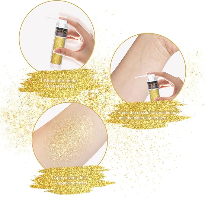 Hair and Body Glitter Spray, 1PC Hair Glitter Extra Fine Face Shimmer Powder for Clothes, Festival Loose Sparkle Powder for Rave Clothes Nail Art Easter Halloween Crafts (Sparkling Gold)