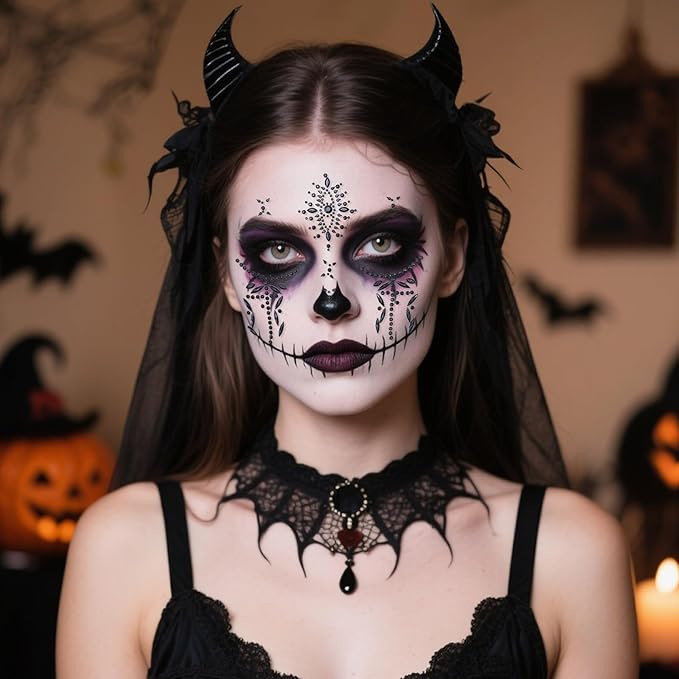 4 Pcs Halloween Face Gems Tattoos,Day of the Dead Face Temporary Skull Halloween Rhinestone Face Jewels Tattoos Body Makeup Stickers for Halloween Rave Party